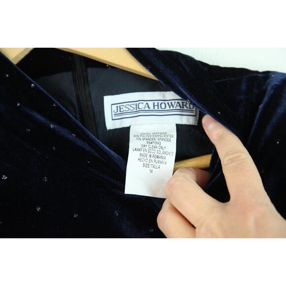 Vintage 90s Y2K Navy Blue Velour Glitter Maxi Dress Whimsigoth Fairy Grunge 14 - Picture 7 of 11